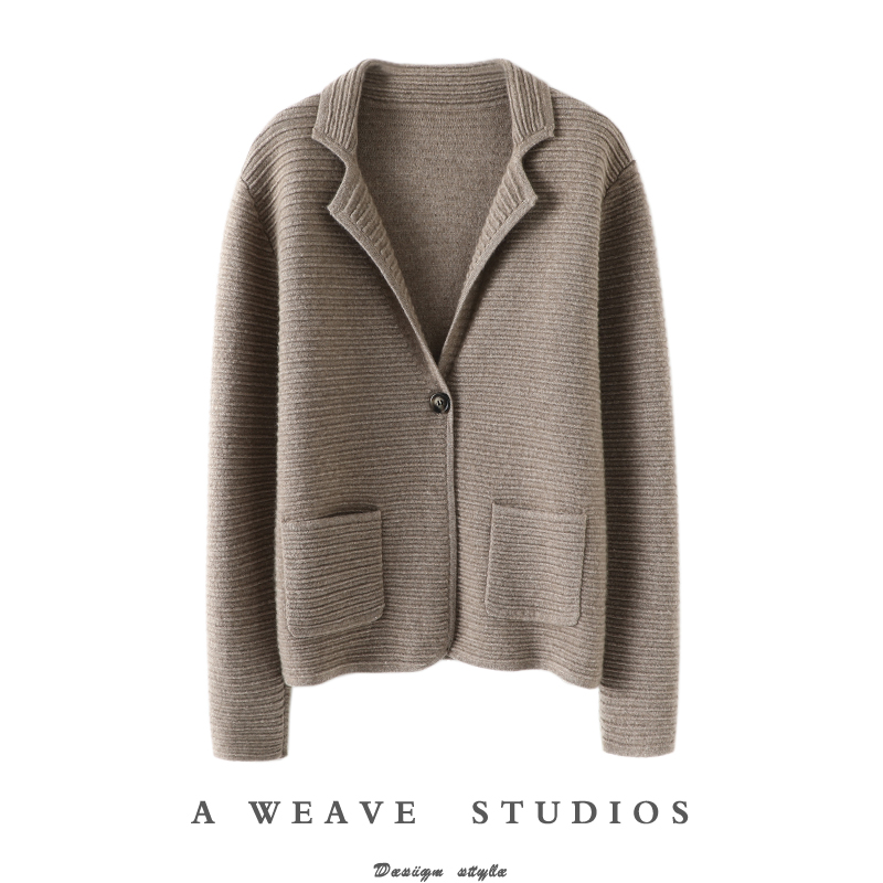 版型控入!大克重加厚羊绒开衫女宽松纯羊绒毛衣针织西装领小外套