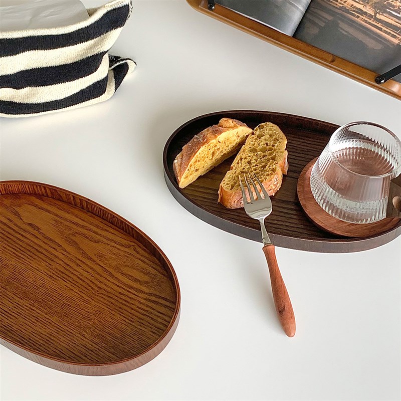 日式复古实木餐用托盘不规则椭圆形家用早餐甜品盘饰品收纳盘
