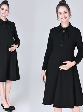 孕妇装春秋长袖黑色孕妇连衣裙女可哺乳长款职业面试工装上班长裙