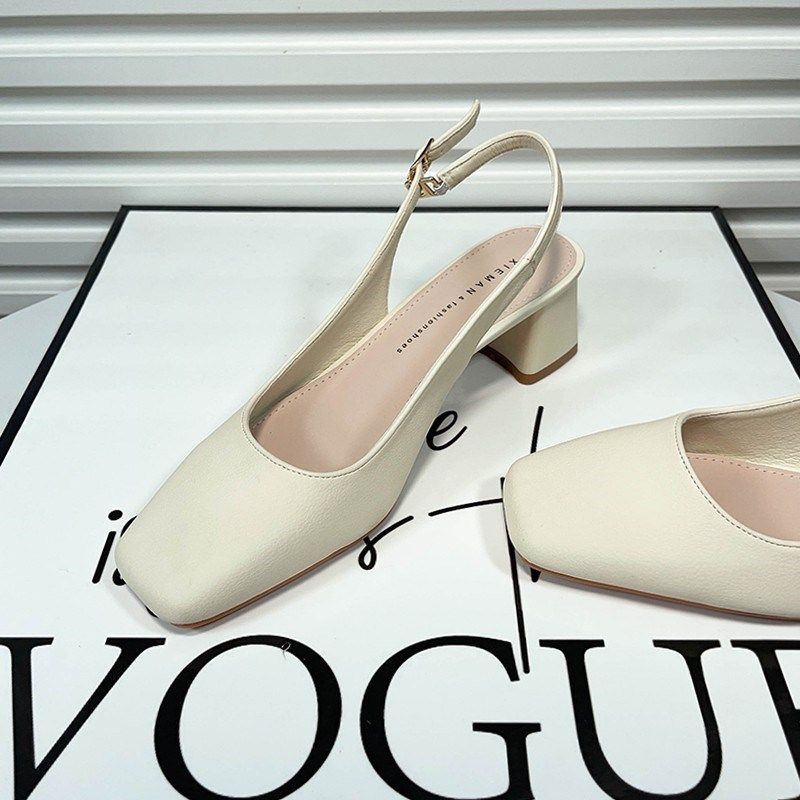 2024新款夏季百搭裸色法式方头高跟鞋一字带P粗跟单鞋包头后空凉,女鞋,时装凉鞋,淘宝优惠券,粉丝福利购,淘宝优惠卷