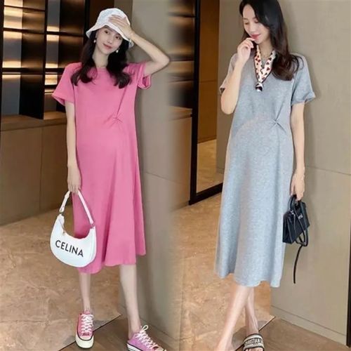 孕妇装夏装时尚简约褶皱打结短袖连衣裙夏季韩版裙子网红孕妇裙夏