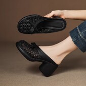 新款 高跟编织包头半拖鞋 女20s25年夏季 一脚蹬软皮镂空粗跟厚底凉