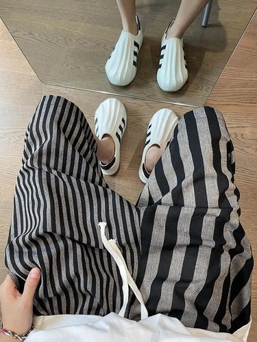 300斤大码男装夏季复古黑灰条纹拼接松紧腰休闲短裤五分裤沙滩裤