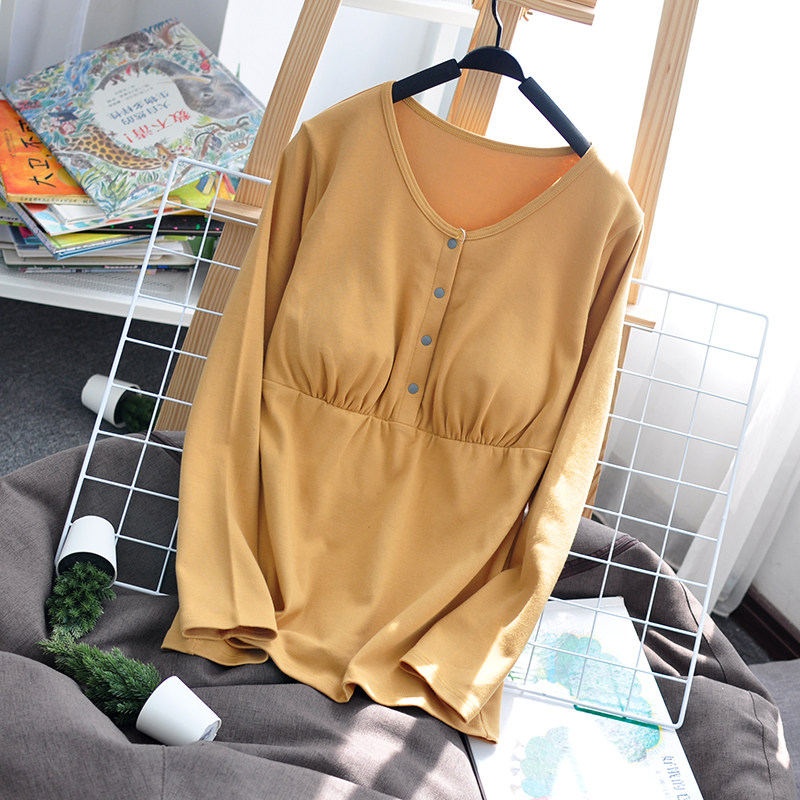带胸垫纯棉产后孕妇哺乳秋衣上衣春秋装单件睡衣月子服秋冬打底衫