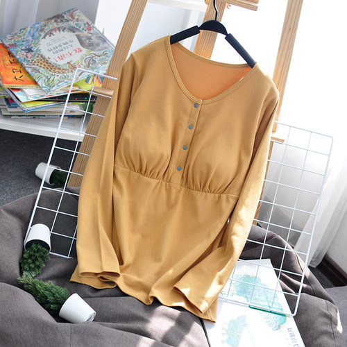 带胸垫纯棉产后孕妇哺乳秋衣上衣春秋装单件睡衣月子服秋冬打底衫