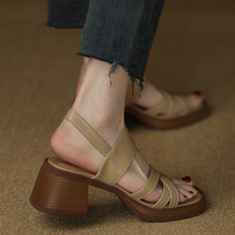牛皮版~新式国风复古交叉露趾粗跟凉鞋女中跟P一字带厚底软底女鞋,女鞋,时装凉鞋,淘宝优惠券,粉丝福利购,淘宝优惠卷
