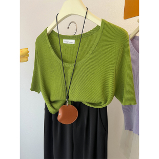 高级感冰丝短袖U领T恤女夏季牛油果绿色亚麻针织衫宽松正肩上衣薄