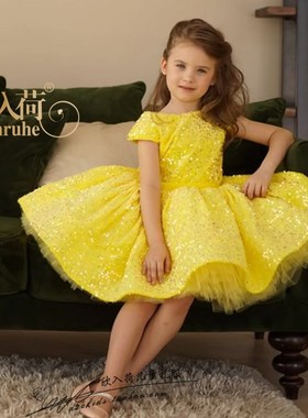 高端公主短袖女童礼服a字裙黄色走秀主持周岁演出公主摄影六一礼