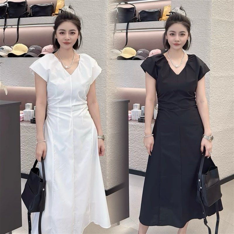 欧货2025夏季新款纯色拼接v领显瘦连衣裙女时尚洋气显瘦中长裙子