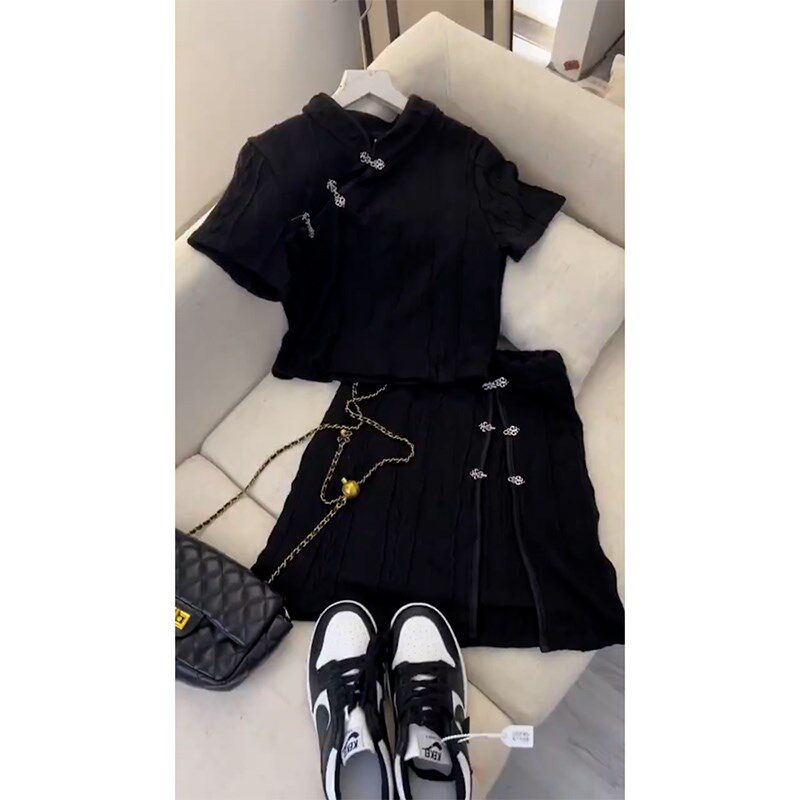 【现货秒发】新中式国风小个2024新款子改良黑色上衣短裙套装夏季
