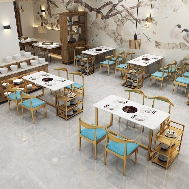 大理石烤肉店桌椅组合火锅开洞烤肉桌子餐馆商用烧烤店大排档餐桌