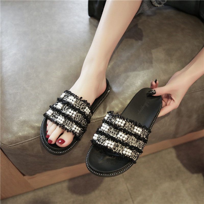 大码拖鞋女外穿41一4q3加肥夏季珍珠凉拖平底M加宽潮时尚40厚底孕,女鞋,一字拖,淘宝优惠券,粉丝福利购,淘宝优惠卷