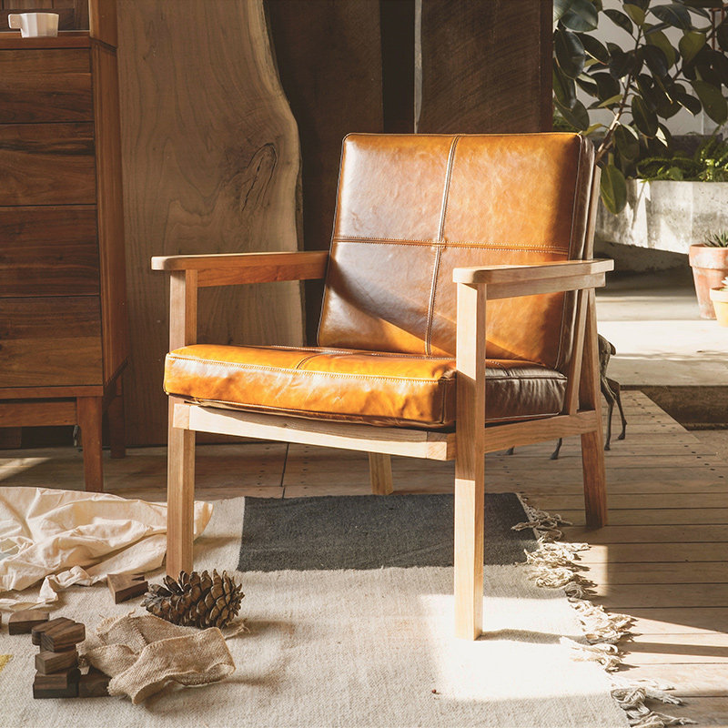 MUMO木墨松饼沙发纯实木创意真皮休闲椅单人客厅书房小沙发椅