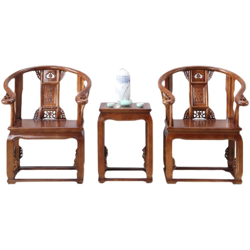 新中式实木皇宫椅中堂三件套明清古典仿古榆木客厅茶几酒店民宿