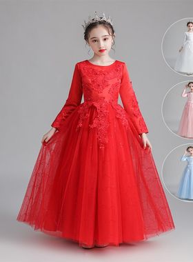 女童装公主蓬蓬纱长裙2024新款秋冬装儿童表演礼服花童加绒连衣裙