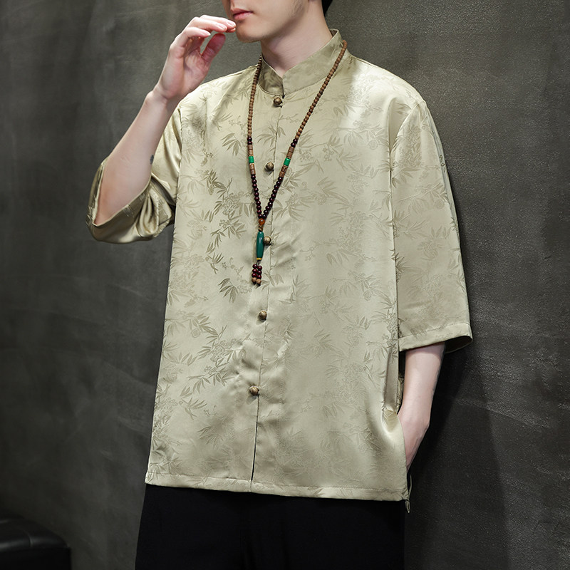 新中式夏季薄款暗花圆领唐装衬衫中国风复古风盘扣休闲七分袖茶服