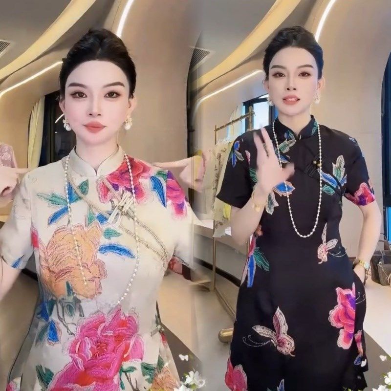 2025夏季新中式国风大码人丝香云纱提花锦缎花朵旗袍裙+短裤套装,女装/女士精品,时尚套装,淘宝优惠券,粉丝福利购,淘宝优惠卷