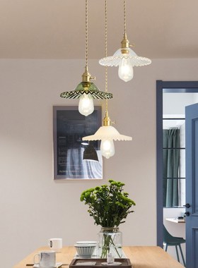 餐厅吊灯三头复古l简约北欧轻奢饭厅餐桌灯吧台法式玻璃创意铜灯