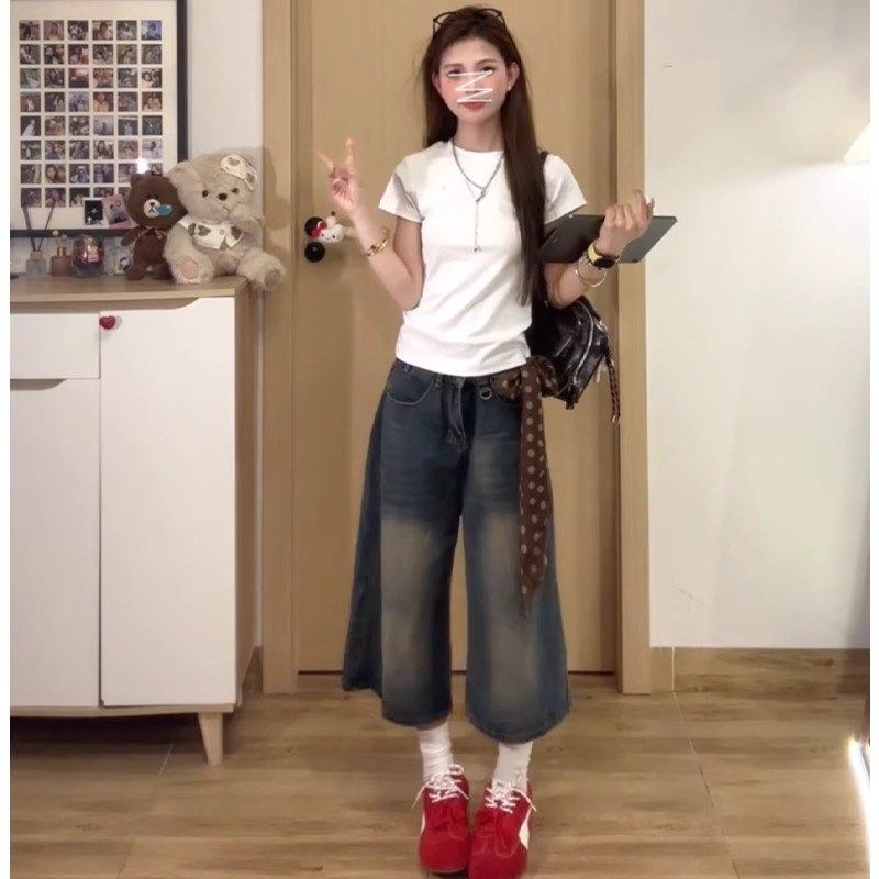 复古牛仔短裤七分裤女夏季2025年新款高腰直筒宽松7分阔腿中裤潮,女装/女士精品,牛仔裤,淘宝优惠券,粉丝福利购,淘宝优惠卷