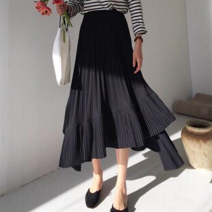 2020流行夏天春法式不规则鱼尾a字高腰中长款百褶蛋糕半身裙子女