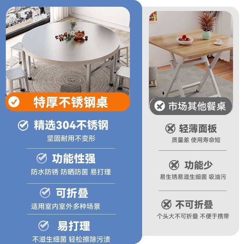 加厚不锈钢折叠桌带转盘家用餐桌圆桌烧烤夜市摆摊桌酒席餐厅桌子