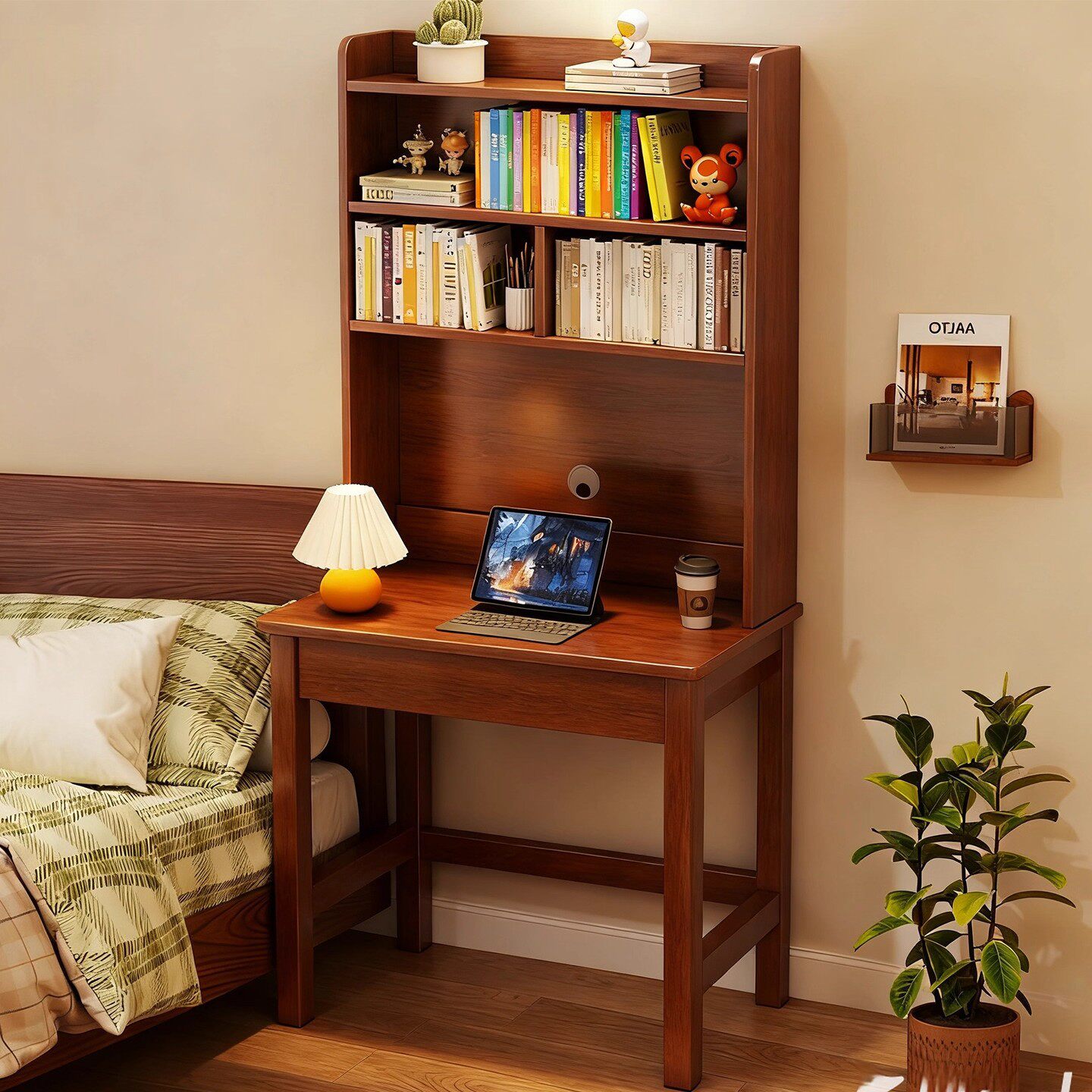 书桌书架一体桌子小户型靠墙电脑桌台式家用卧室学生成人学习写字