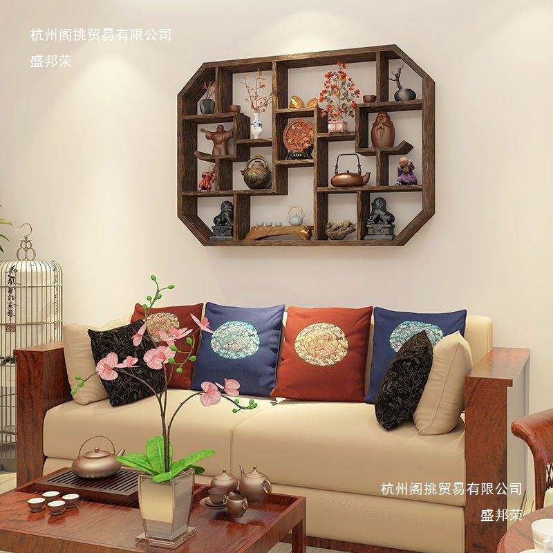 博古架实木中式挂墙壁挂式置物架隔断多宝阁格子架摆件简约茶具架