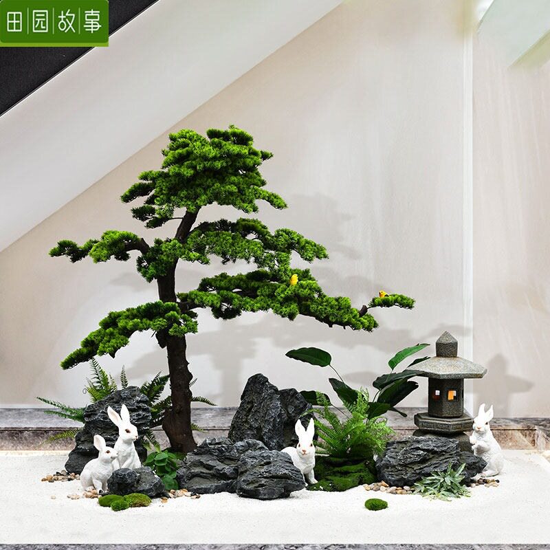 仿真迎客松造景办公室角落景观石头楼梯底下新中式假山石装饰摆件