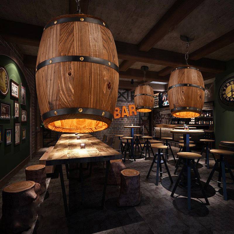 美式酒吧吊灯复古吧台酒桶灯做旧创意个性餐厅工业风灯实木桶灯
