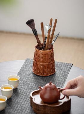 工编手六君茶筒复古大漆收竹纳筒笔筒茶fst24061则子茶针茶夹茶道