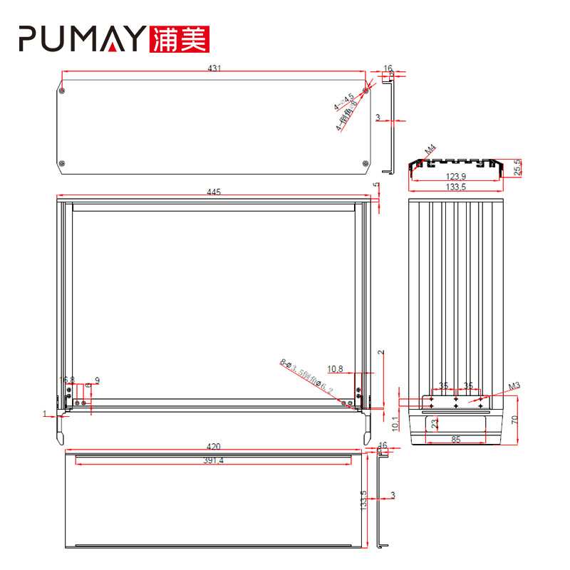 445*132-300深机箱仪表仪器铝型材钣金外壳加工开孔印字条纹拉丝