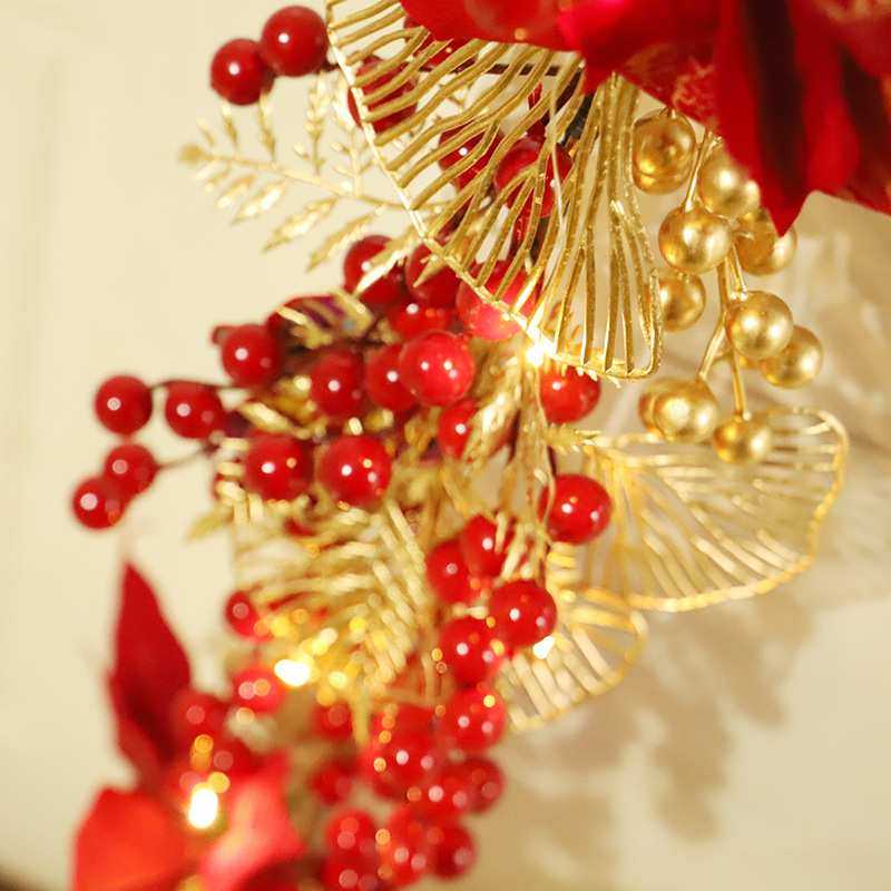 跨境春节家居装饰壁挂花圈红金果金叶圣诞花铁丝藤条楼梯布置门挂