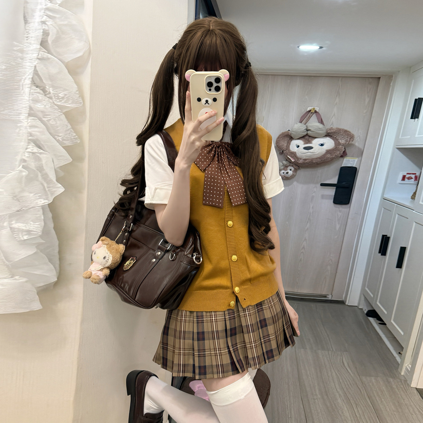 日系学院风JK制服套装女夏季棕色针织马甲背心衬衫格裙百褶裙叠穿