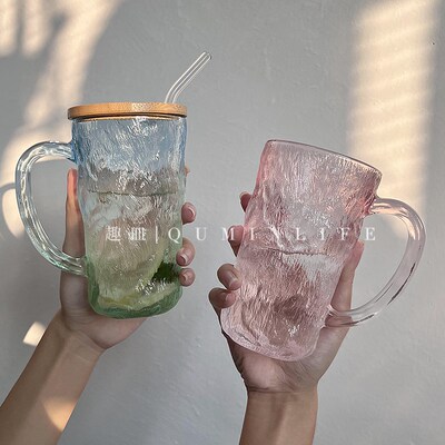 趣皿*ins风玻璃杯带把果汁咖啡杯岩石杯雨雾带盖吸管杯办公室宿舍