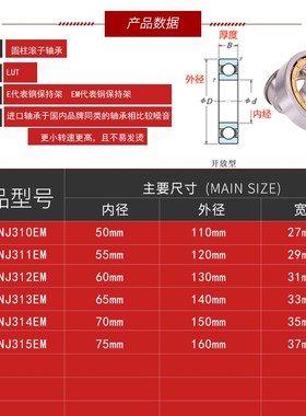 哈尔滨鲁泰轴承 NF304  305 306 307 308 309 310 311 312 313 EM