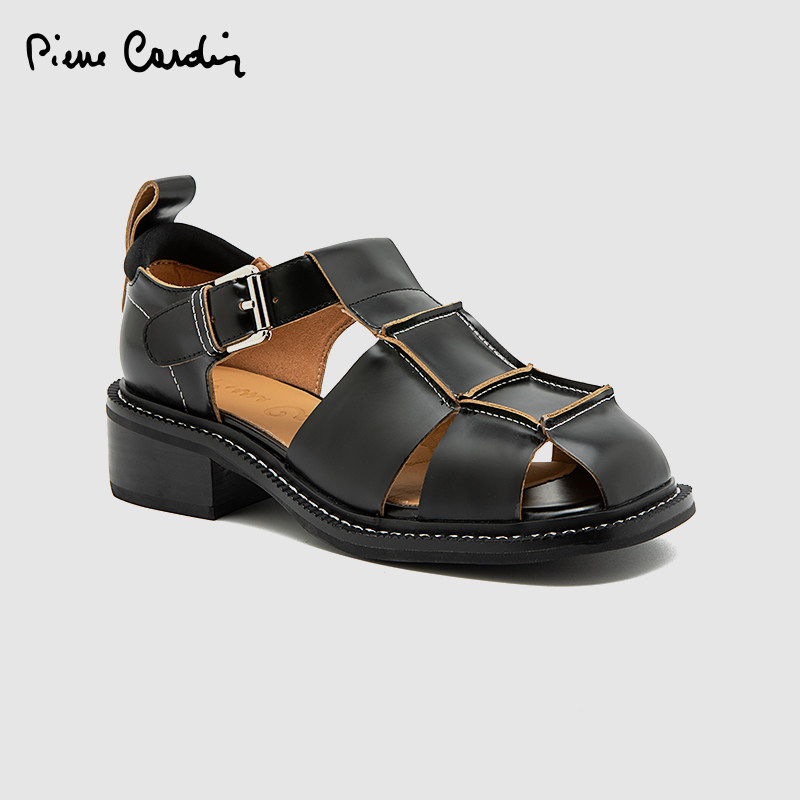 皮尔卡丹宽边罗马凉鞋真皮开边珠搭扣真皮舒适透气休闲外出女鞋