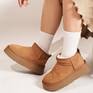 桑坡雪地靴女厚底增高羊皮毛一体加绒加厚短筒棉鞋冬季新款mini靴