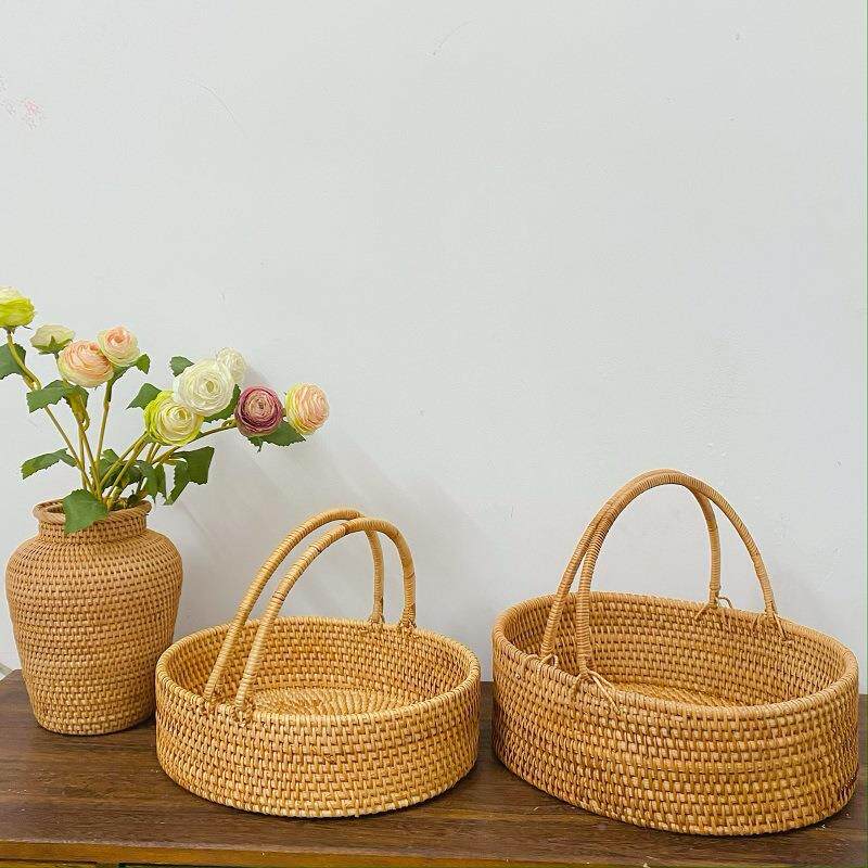 包藤编手提篮餐日式编织收纳篮户外野篮糖手提篮果面筐桌面置篮购