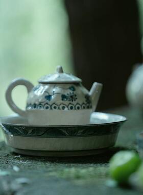 汝梵日式青花纯手绘件蓬子斯莲闻壶承ZWW干泡盘茶承茶道配茶托茶