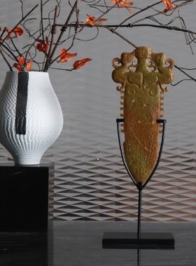 现代新中式创意雕刻玉璧家居客厅玄关酒柜酒店样板房软装饰品摆件