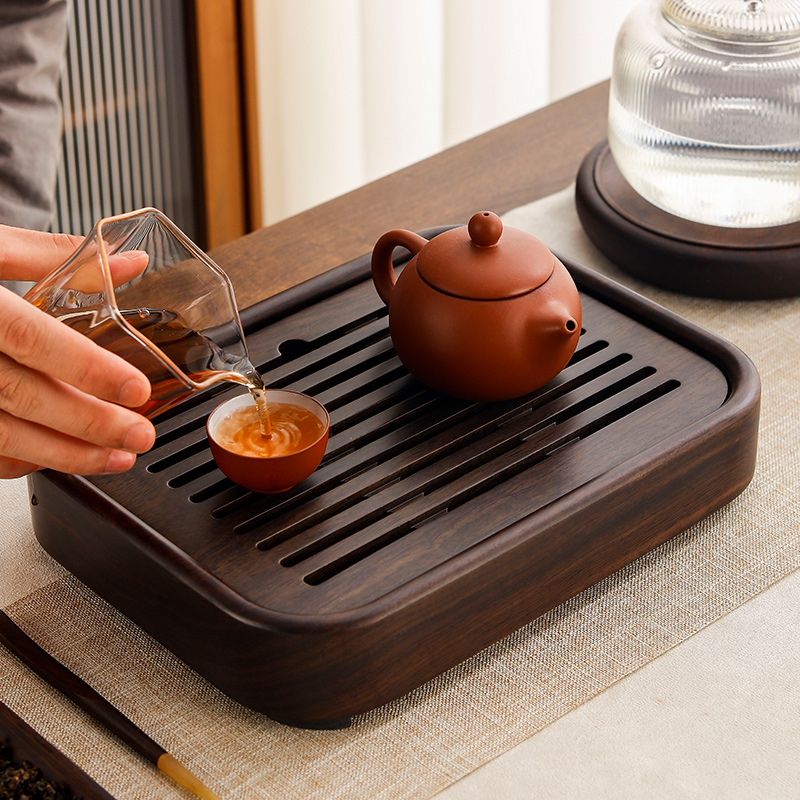 茶盘2024新款家用办公室干泡茶盘黑檀I实木一体长方形高档小茶盘
