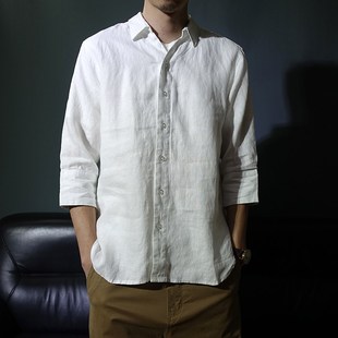 春夏装 透气纯色衬衣中袖 宽松薄款 衬衫 上衣潮 纯亚麻方领七分袖 男款