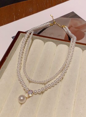 韩版精致甜美时尚简约双层珍珠水钻项链锁骨链高级感百搭颈链配饰