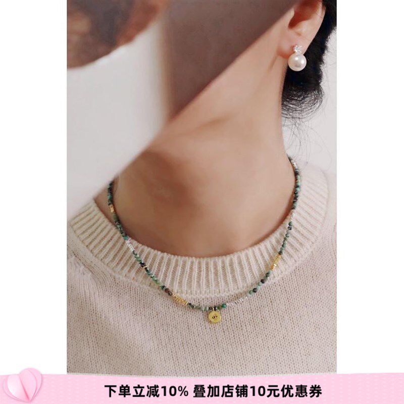 手作小众设计文艺复古绿松石碎银子串珠眼睛金币吊坠叠戴毛衣项链