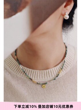 手作小众设计文艺复古绿松石碎银子串珠眼睛金币吊坠叠戴毛衣项链