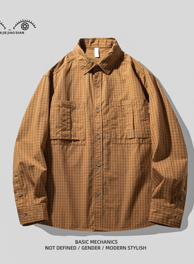 焦橙色高级感潮牌纯棉格子衬衫男士秋季新款宽松长袖衬衣工装外套