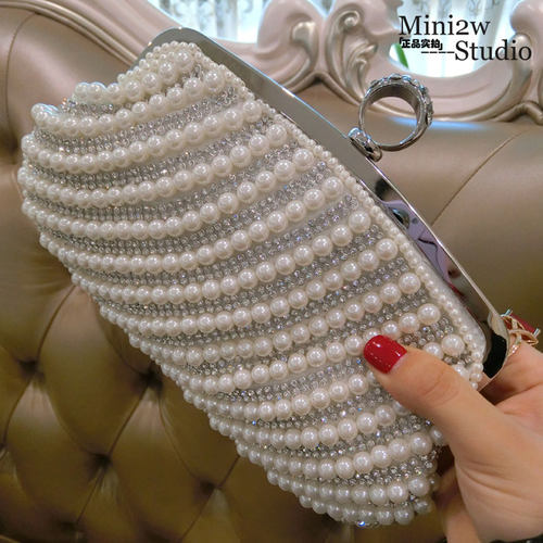 2025水钻珍珠纯手工晚宴礼服包指环扣珍珠钻手拿包手拿袋晚宴手包
