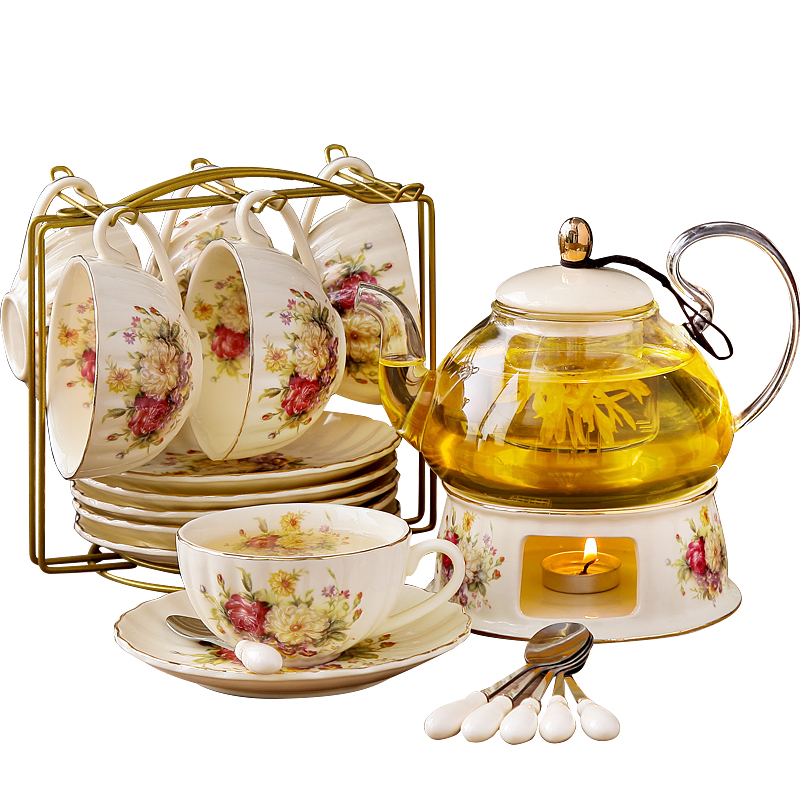英式下午茶茶具花茶杯套装 陶瓷玻璃欧式花茶煮水V果蜡烛加热茶壶