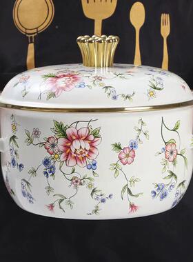 复古印花搪瓷汤煲珐琅搪瓷家用煲汤锅猪油锅罐C6315大容量锅幸福