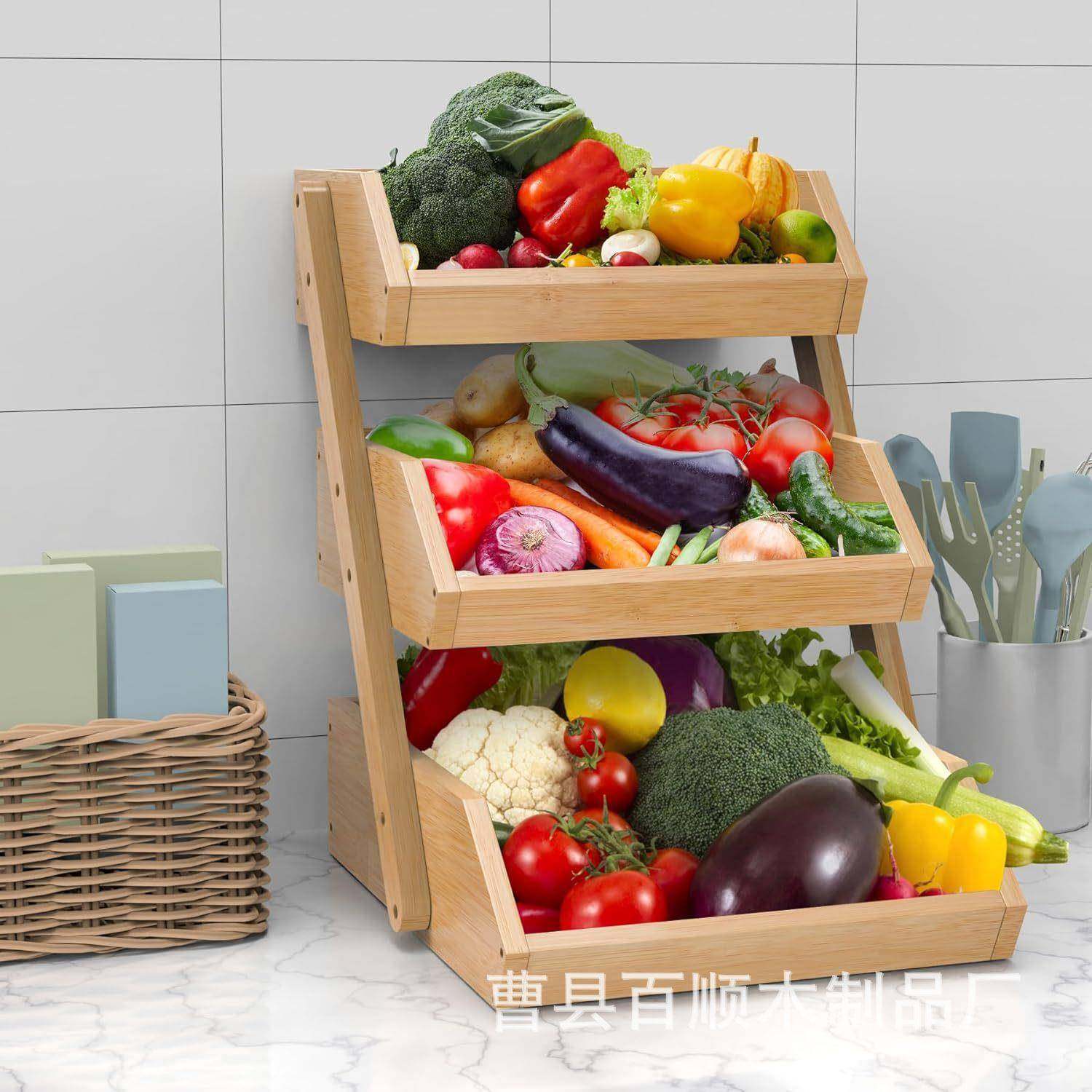 0418实木面三层桌收纳架房水木果蔬菜收纳筐质多层置物厨架简易零